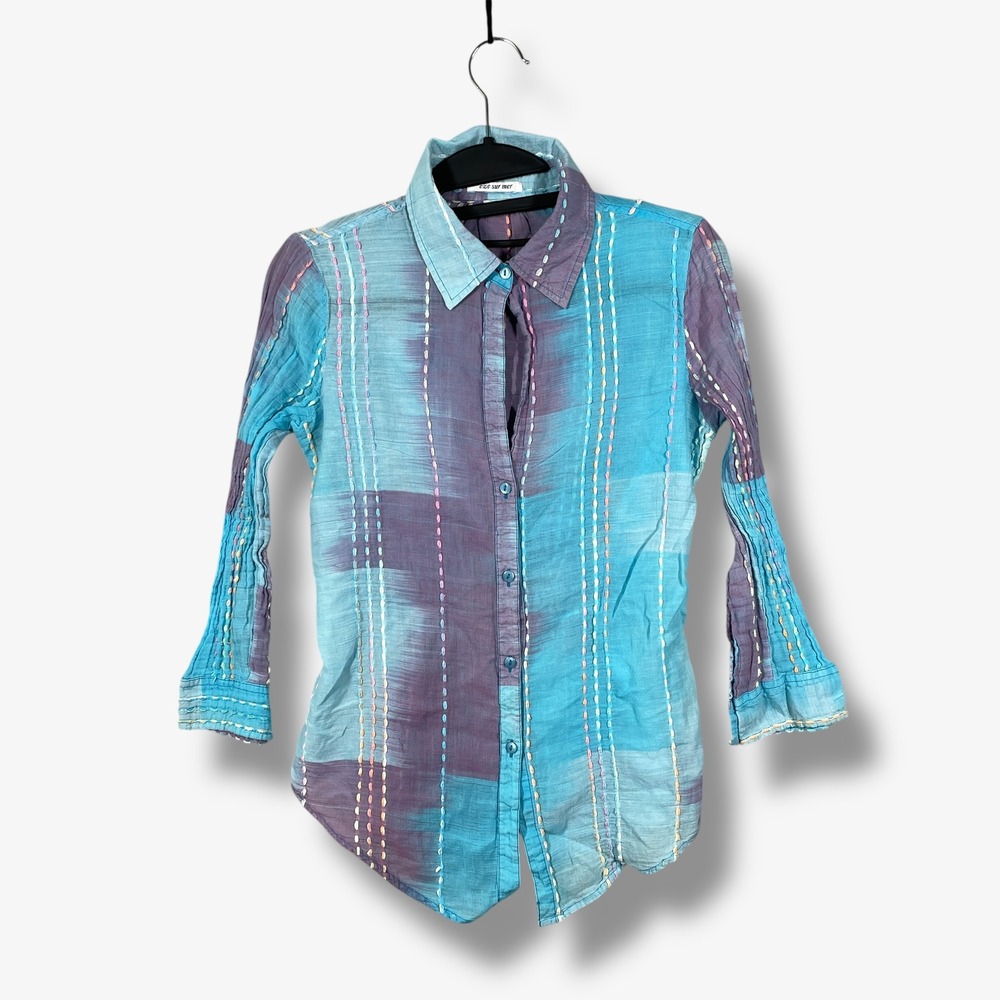 Eze Sur Mer Button Down Shirt Womens XS Blue Purple Boho Artsy Whimsical